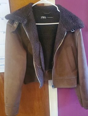 ZARA Dark Brown Shearling-Trim Bomber Jacket